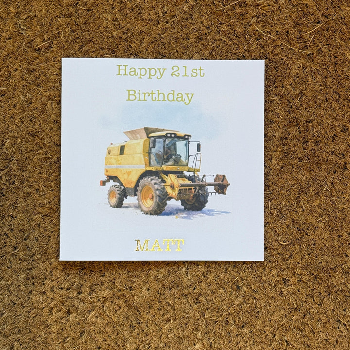 Combine Harvester Birthday Card |  Watercolour Style & Personalised Foiled Message | 6x6