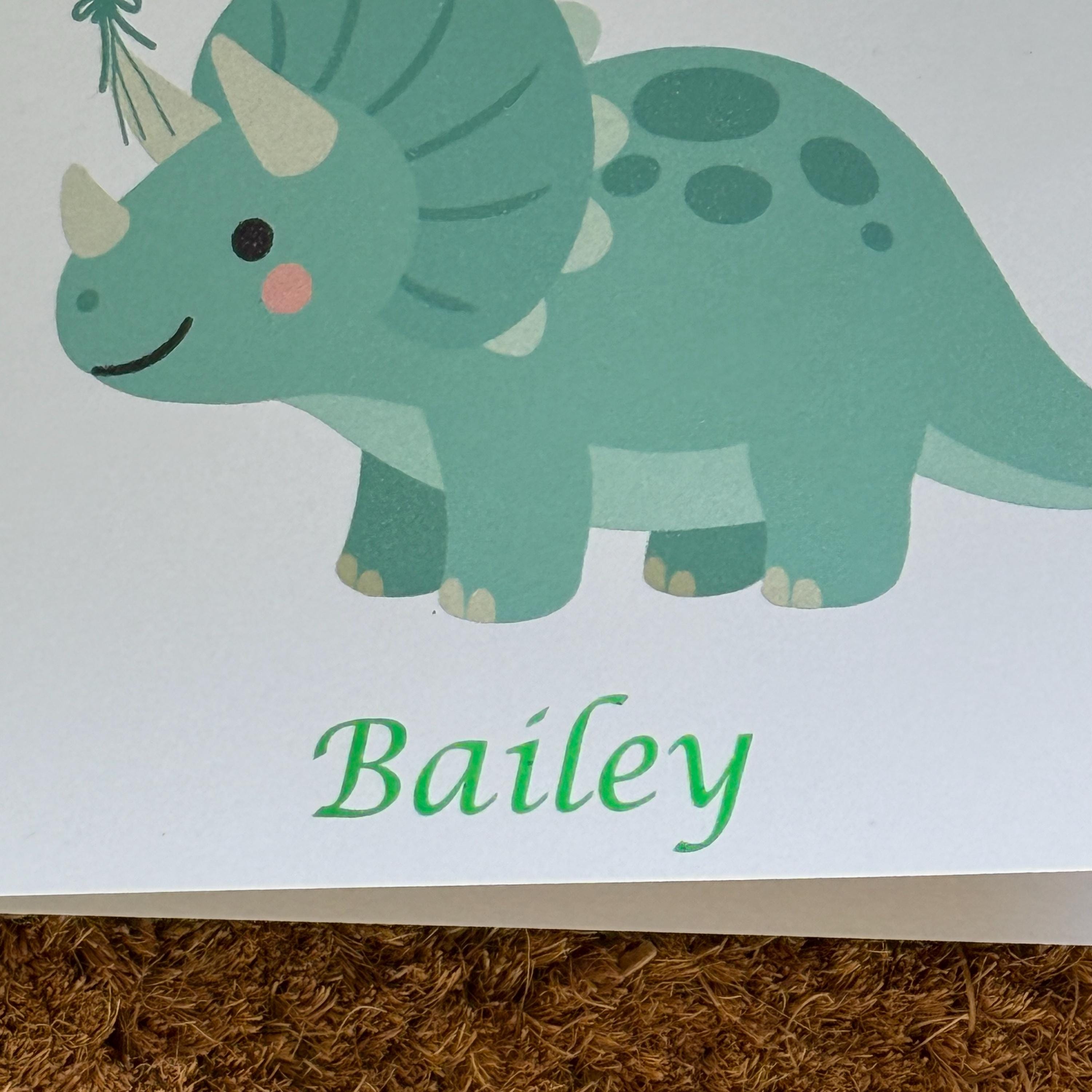 Dinosaur Birthday Card | Foiled Message with Name & Age | Dino with Balloons | 6x6 Kids