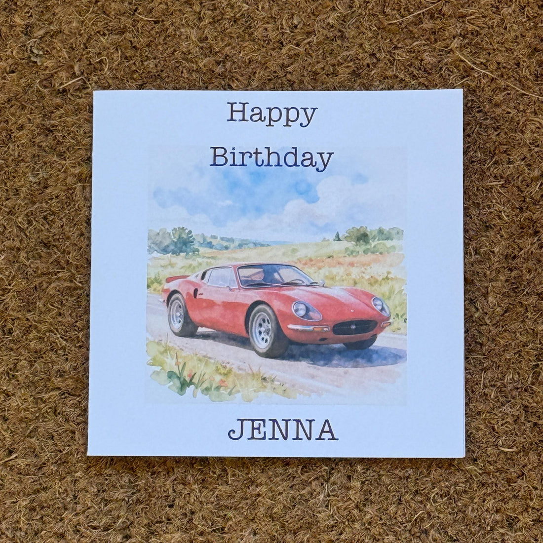 Vintage Sports Car Birthday Card | Red Watercolour Style, Personalised Foiled Message
