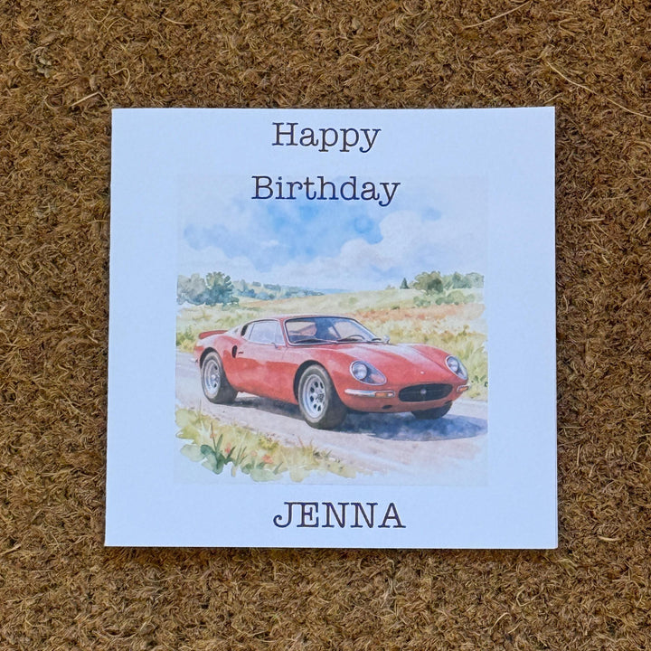 Vintage Sports Car Birthday Card | Red Watercolour Style, Personalised Foiled Message