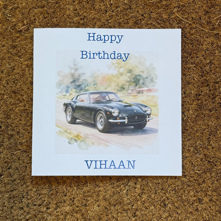 Black Sports Car Birthday Card | Watercolour Style Classic Vehicle with Personalised Foil Message (6x6)