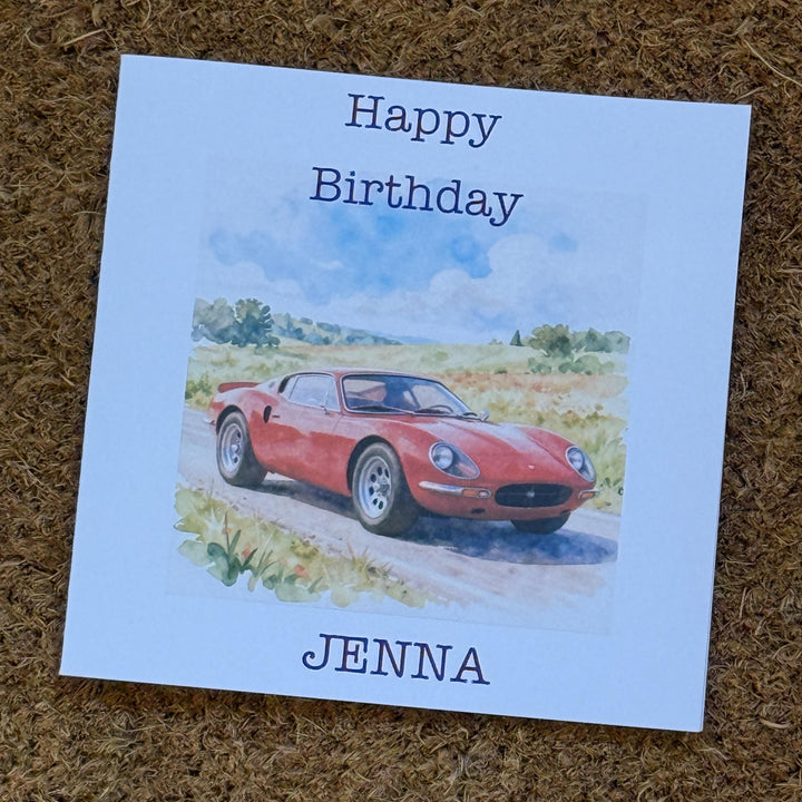 Vintage Sports Car Birthday Card | Red Watercolour Style, Personalised Foiled Message