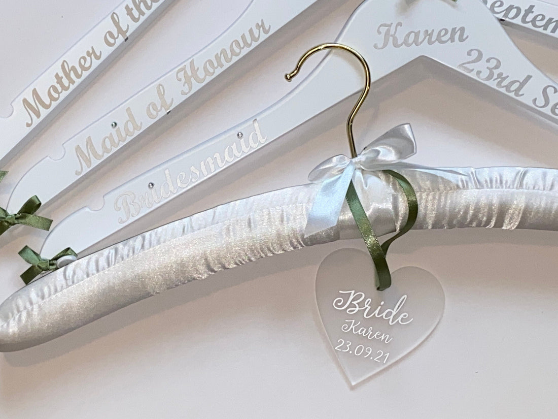 Satin Wedding Dress Hanger and Wooden Bridesmaids Hanger Set | Personalised
