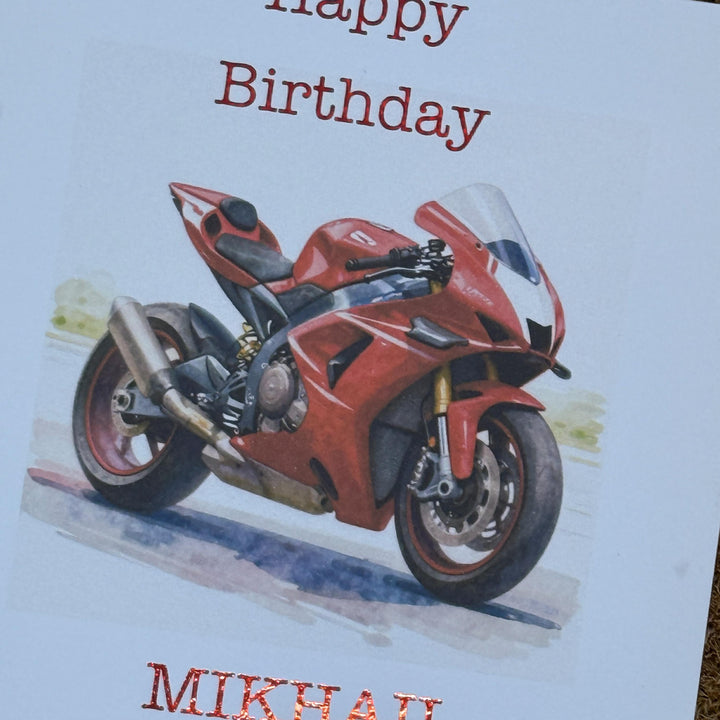 Red Sports Style Motorbike Birthday Card | Watercolour Bike | Personalised Foiled Message | 6x6 Biker Card