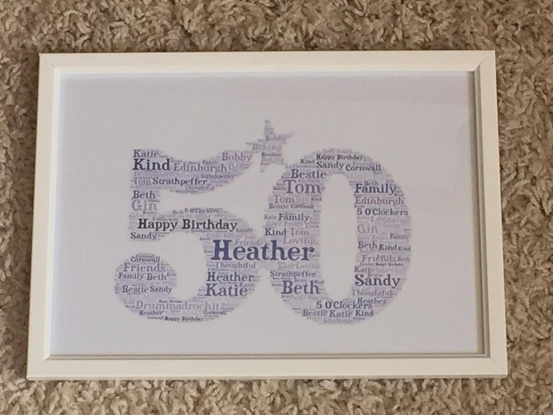 Birthday Age Number Word Art Print | Framed A4 | Personalised with your words.