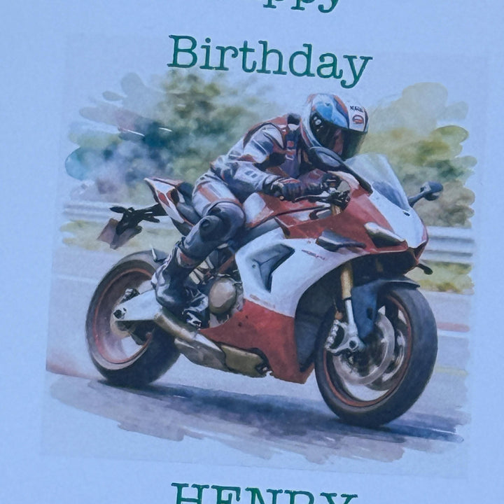 Red Sports Style Motorbike Birthday Card with Rider | Personalised Foiled Message | 6x6 Biker Card