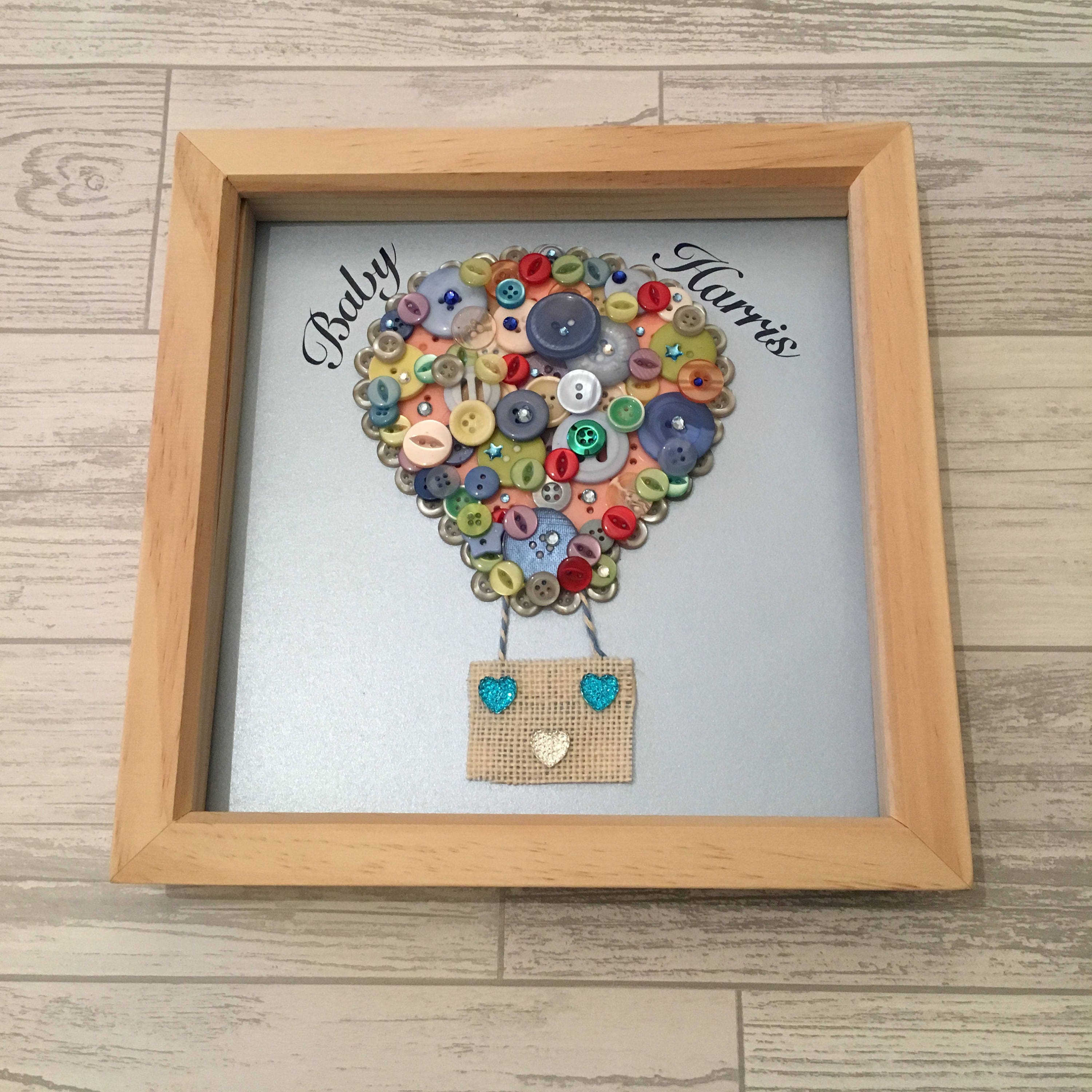 Hot Air Balloon Button Art in White Wood Frame, Nursery Decor