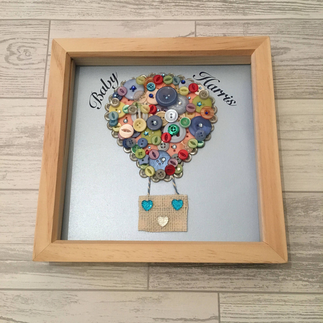 Hot Air Balloon Button Art in White Wood Frame, Nursery Decor