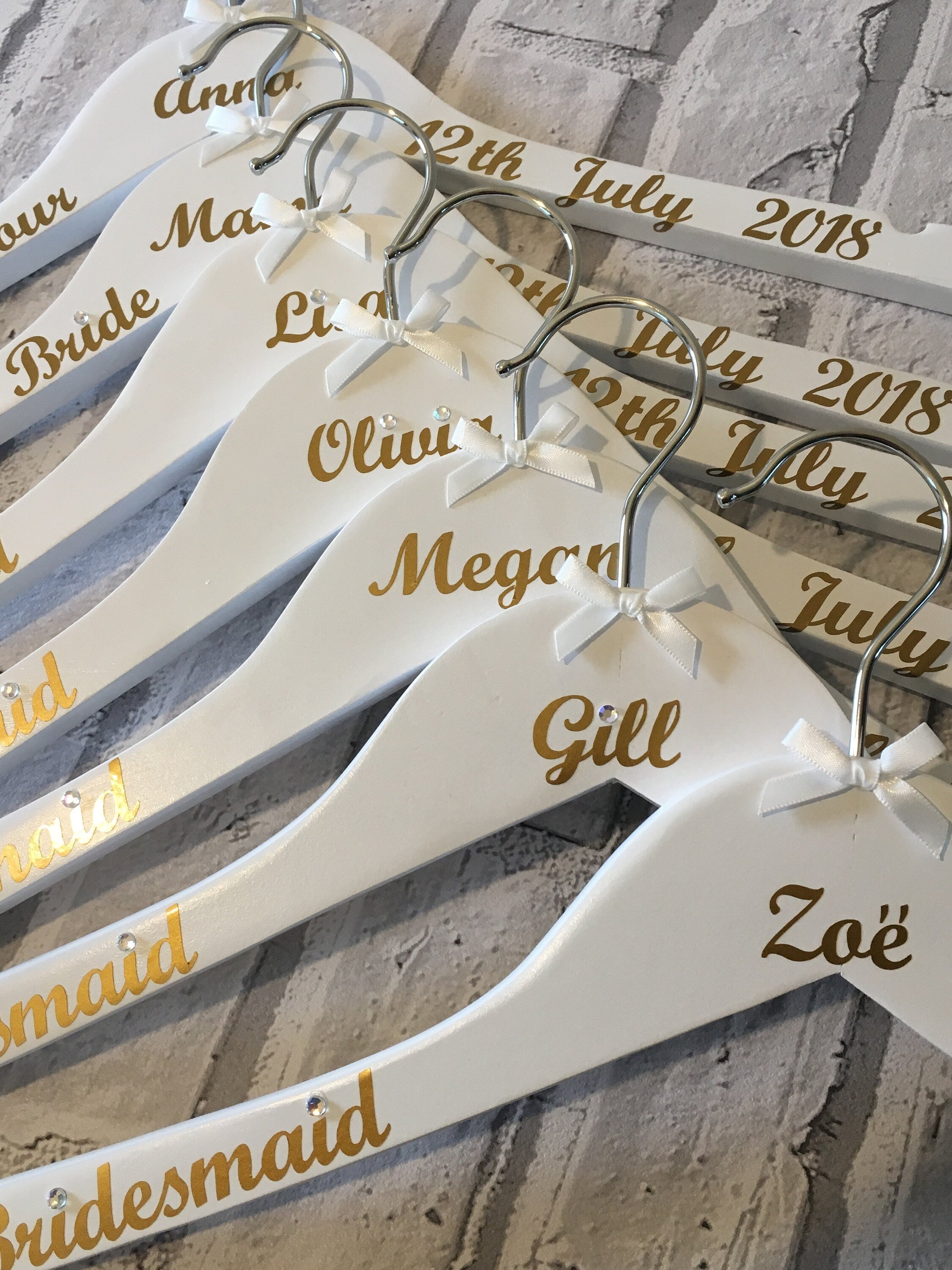 Personalised Wedding Hangers - Set of 8 - Customised with name, date and role - Bows and Writing to match your colours