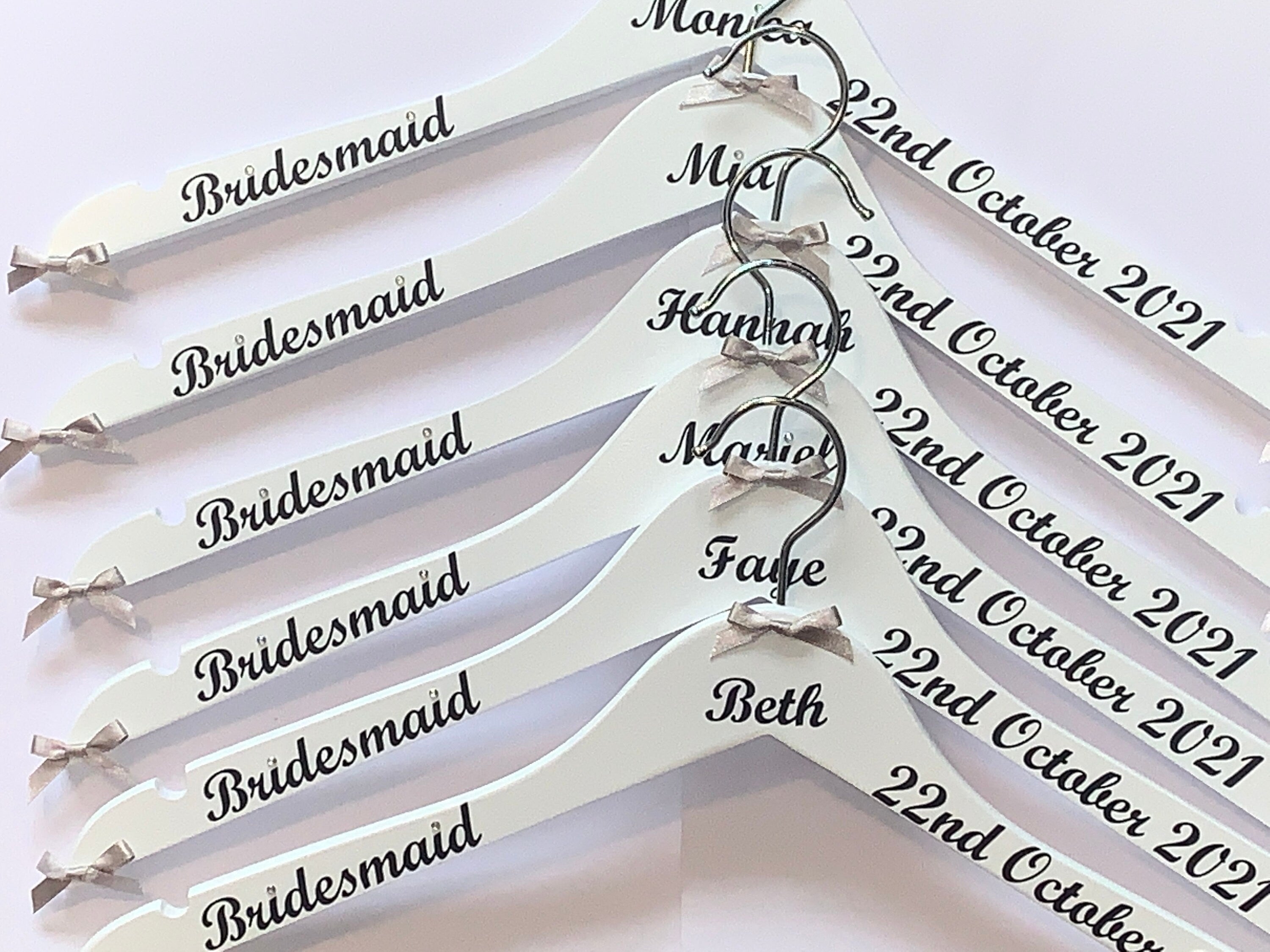 Personalised Wedding Hangers - Set of 8 - Customised with name, date and role - Bows and Writing to match your colours