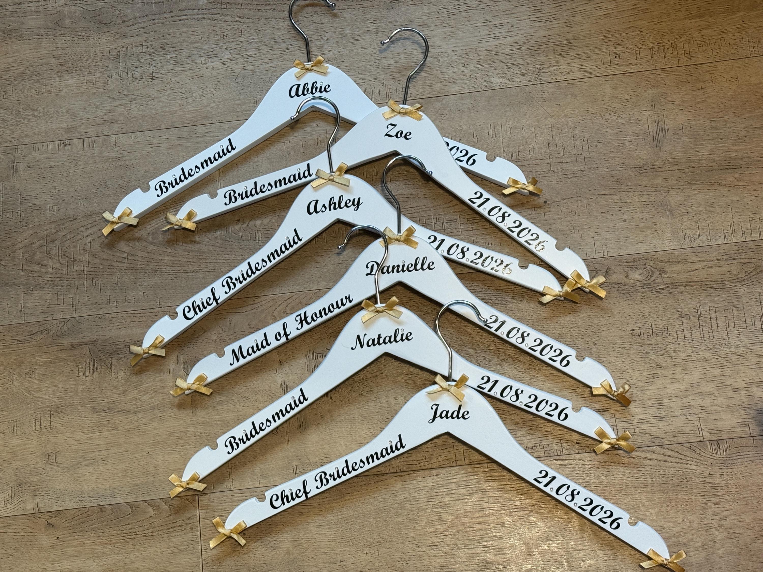 Wedding Outfit Hangers - Personalised set of 6 - Name, Date and Role - Choice of Colours
