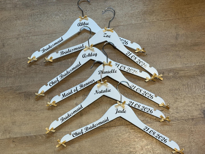 Wedding Outfit Hangers - Personalised set of 6 - Name, Date and Role - Choice of Colours
