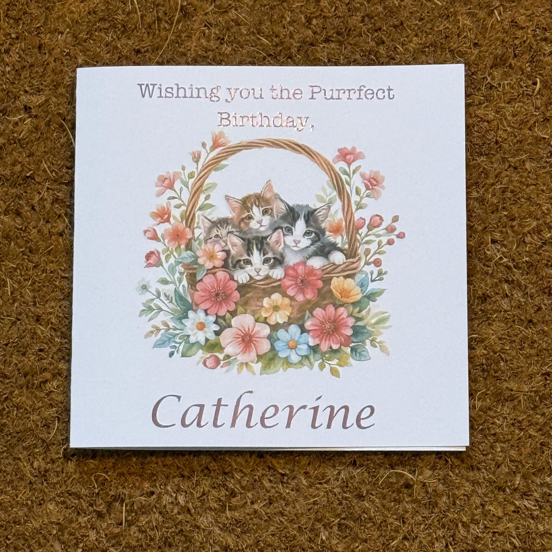 Purrfect Birthday Card | Watercolour Style Basket of Kittens, Personalised Foiled Message (6x6 Inch)
