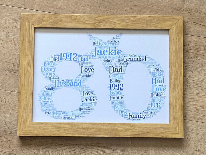 Birthday Age Number Word Art Print | Framed A4 | Personalised with your words.