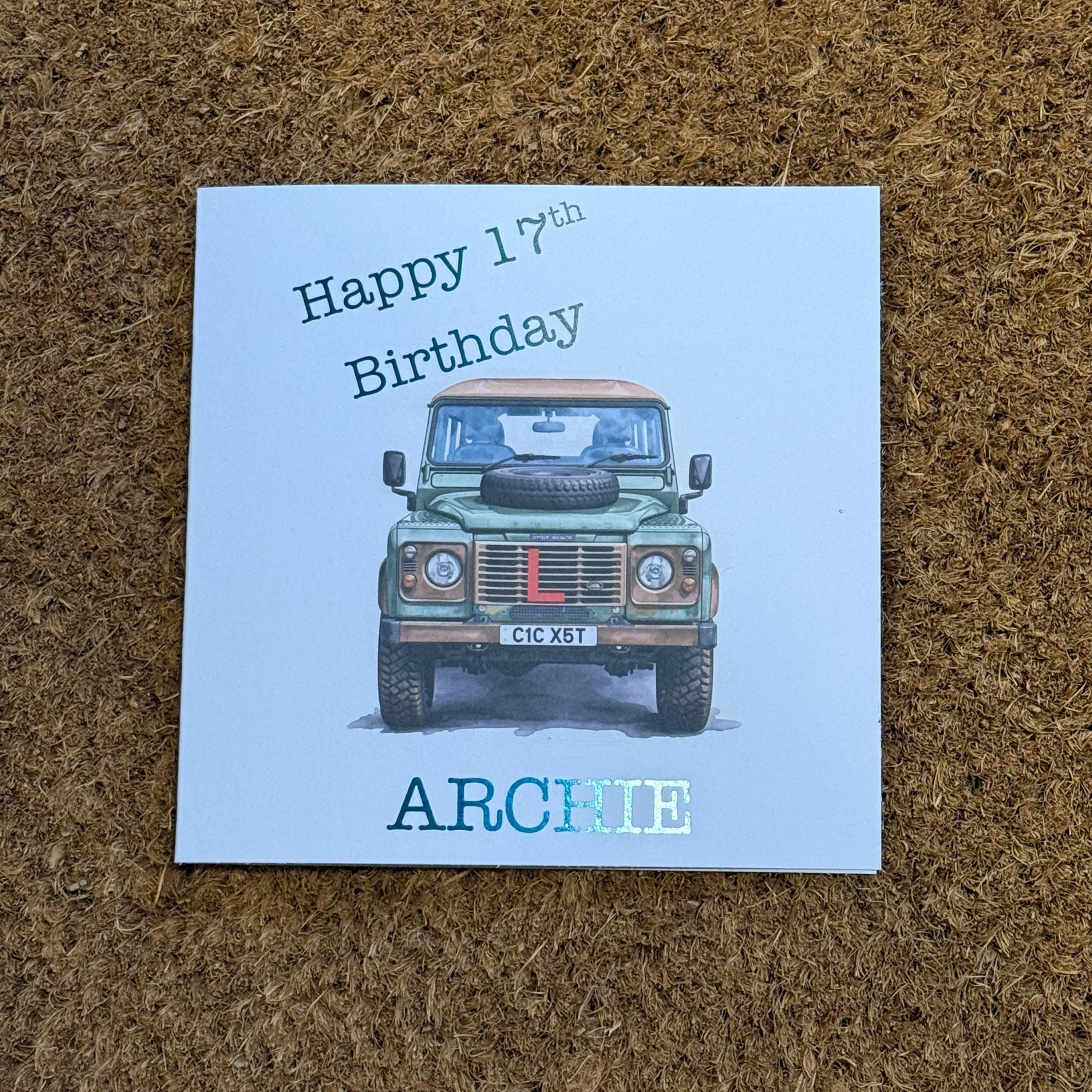 17th Birthday Card, Personalised Land Rover Defender, Watercolour Style, L Plates