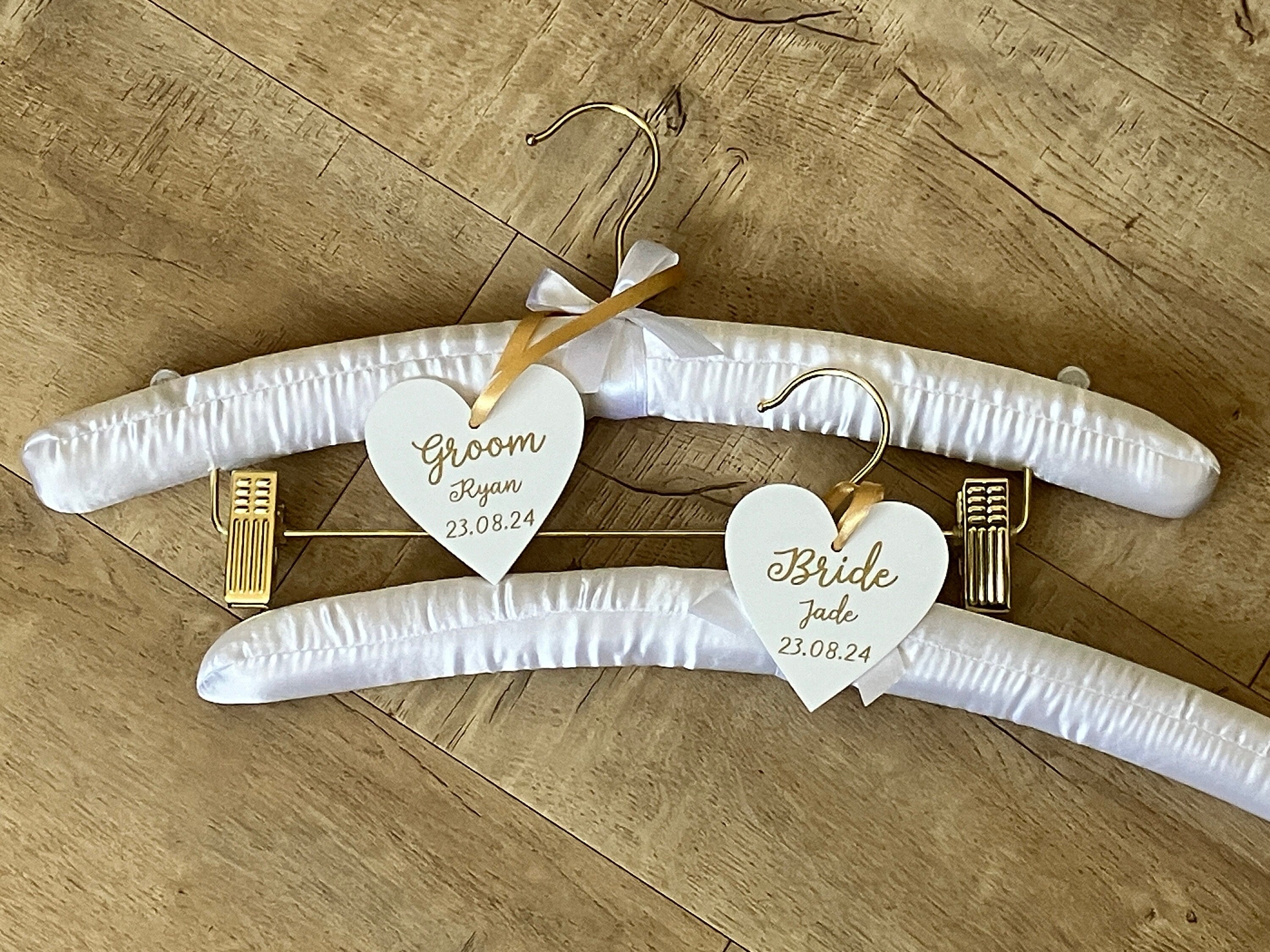 Satin Bride and Groom Padded Hangers - Personalised hearts - Choice of Colours