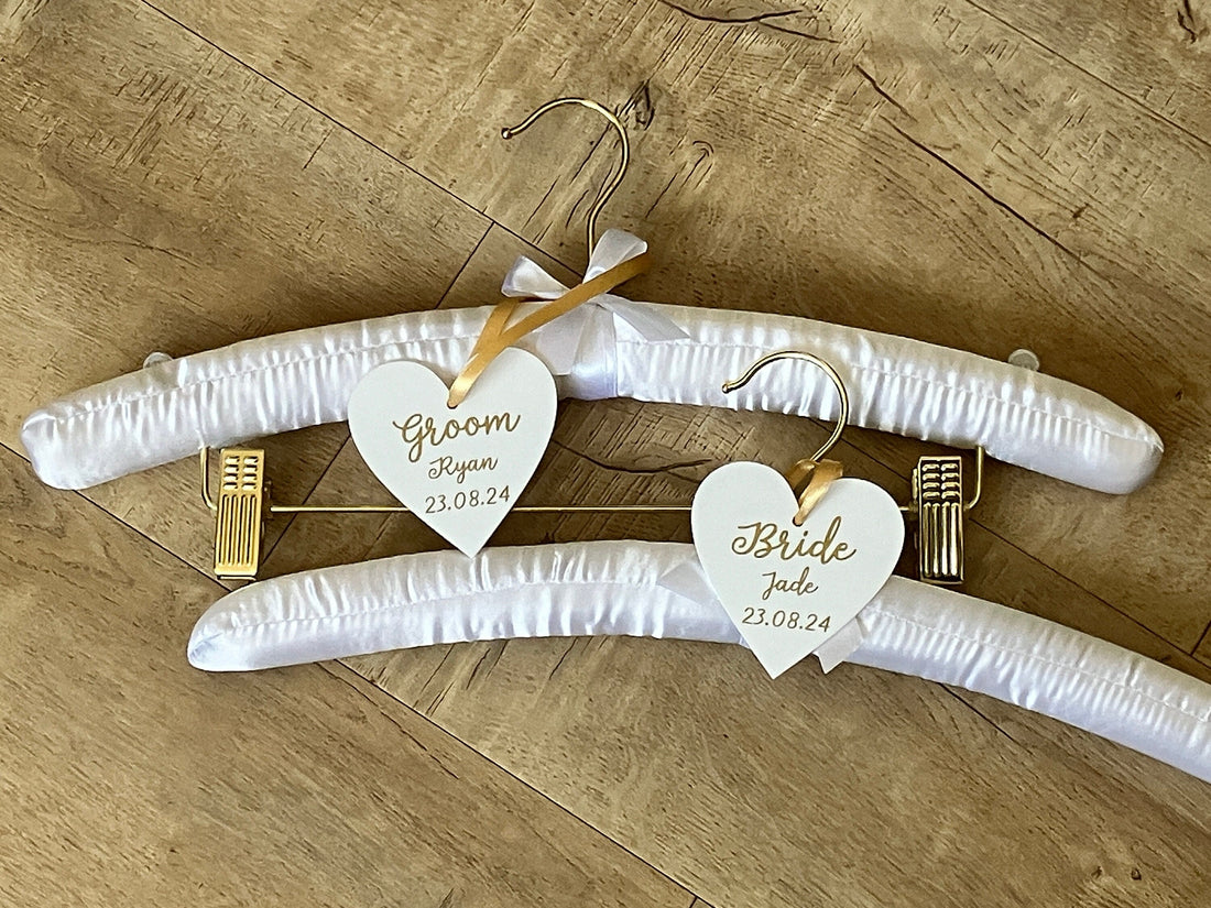 Satin Bride and Groom Padded Hangers - Personalised hearts - Choice of Colours