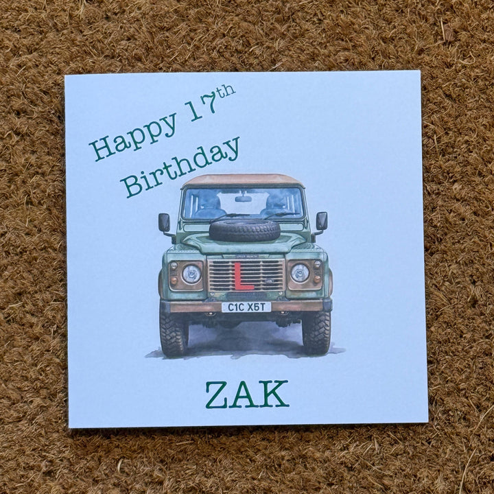 17th Birthday Card, Personalised Land Rover Defender, Watercolour Style, L Plates