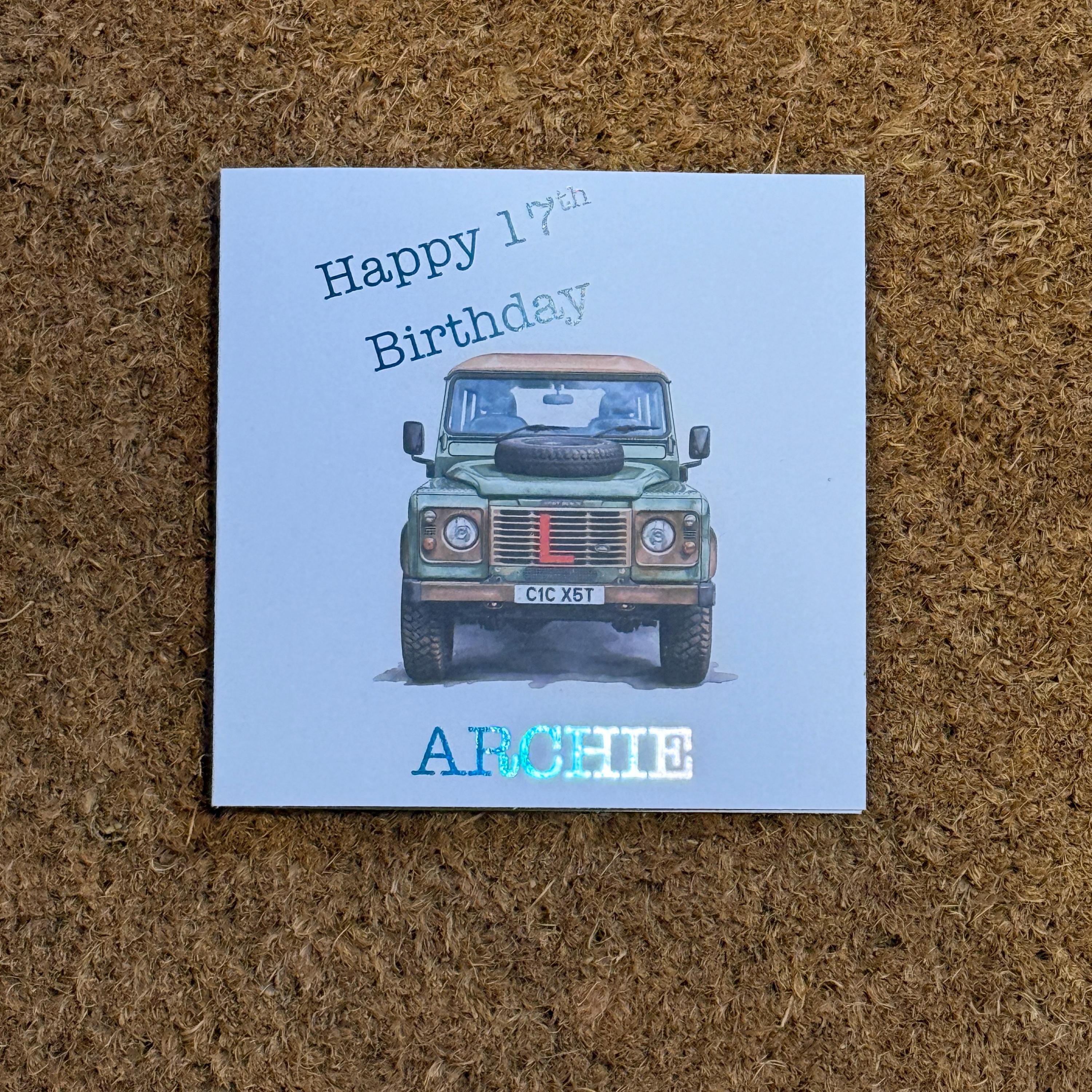 17th Birthday Card, Personalised Land Rover Defender, Watercolour Style, L Plates