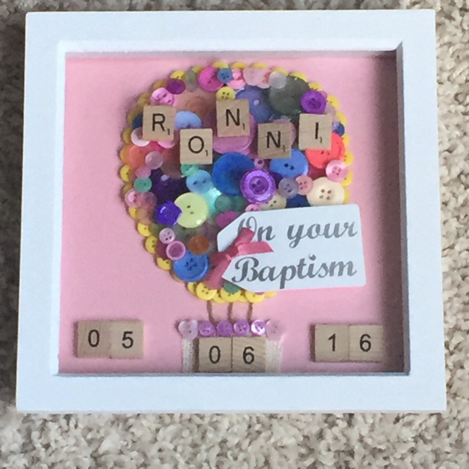 Hot Air Balloon Button Art in White Wood Frame, Nursery Decor