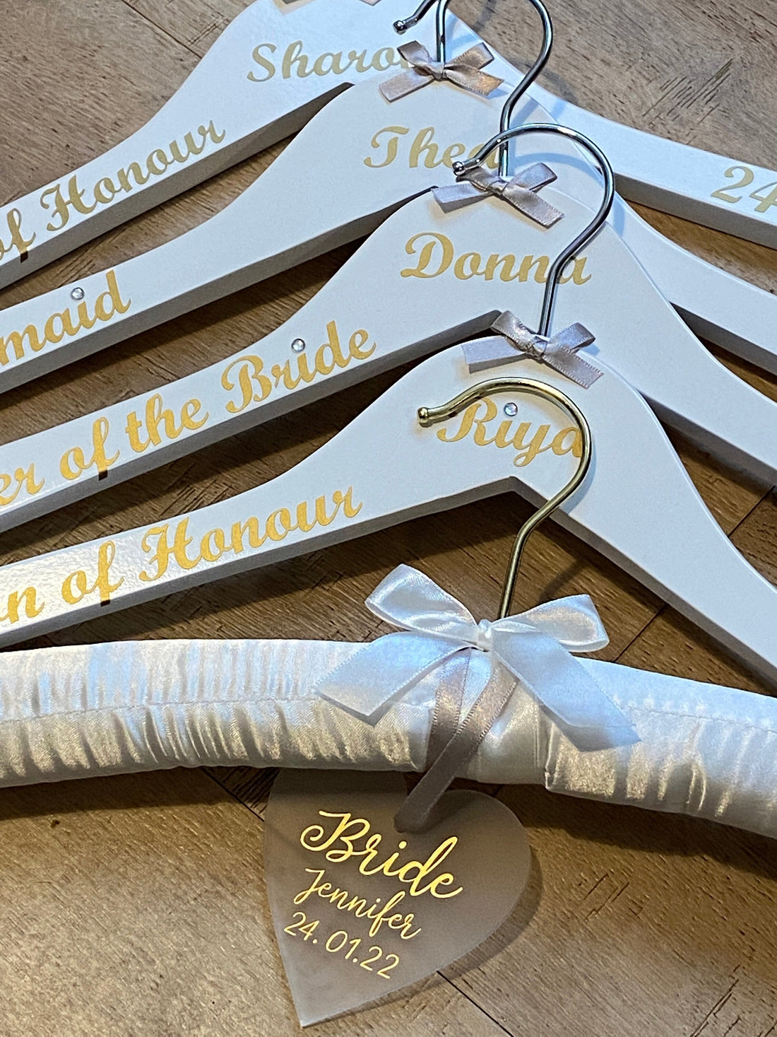 Satin Wedding Dress Hanger and Wooden Bridesmaids Hanger Set | Personalised