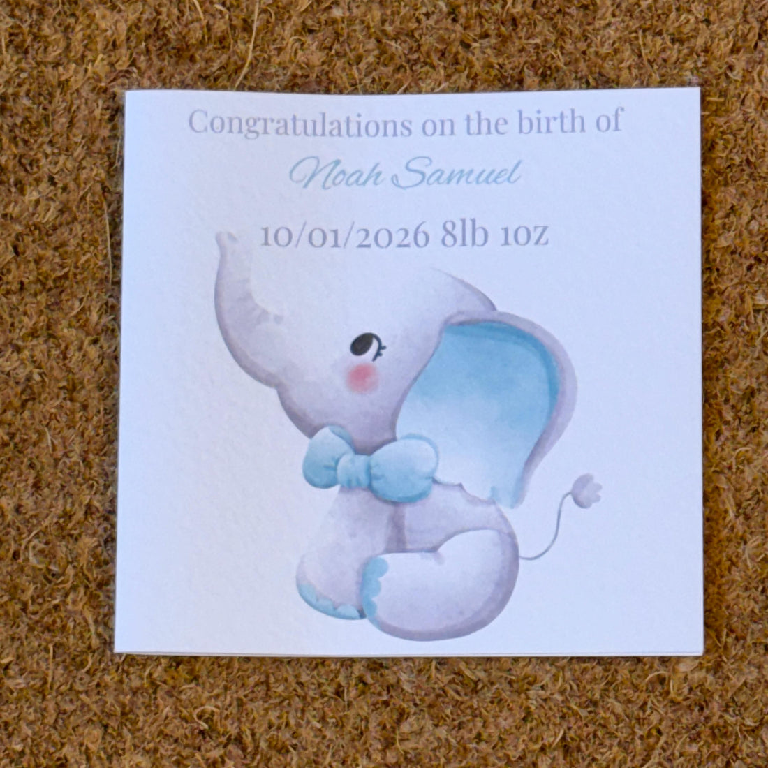 New Baby Elephant Card | Personalised Newborn Congratulations (6x6 inch)