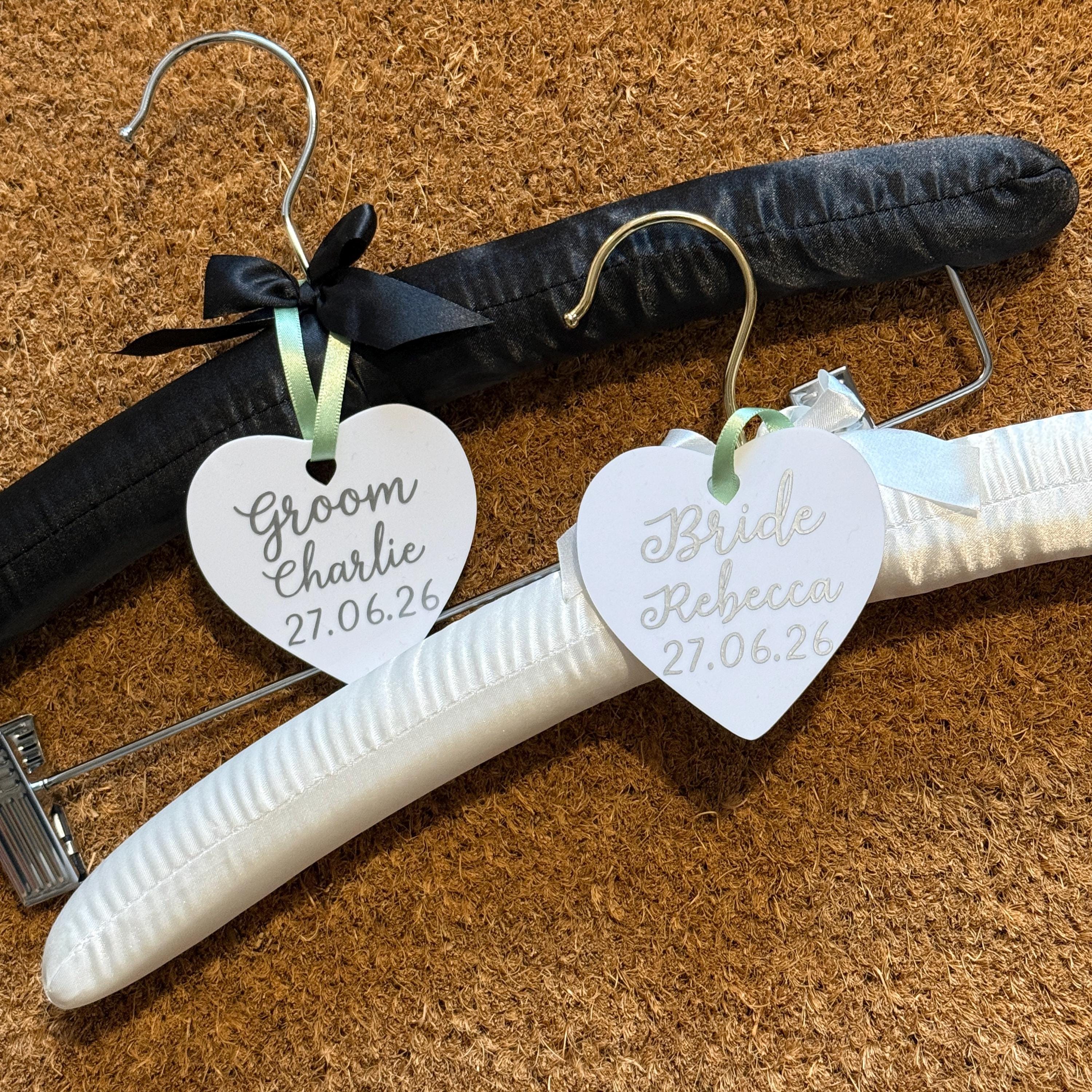 Satin Bride and Groom Padded Hangers - Personalised hearts - Choice of Colours