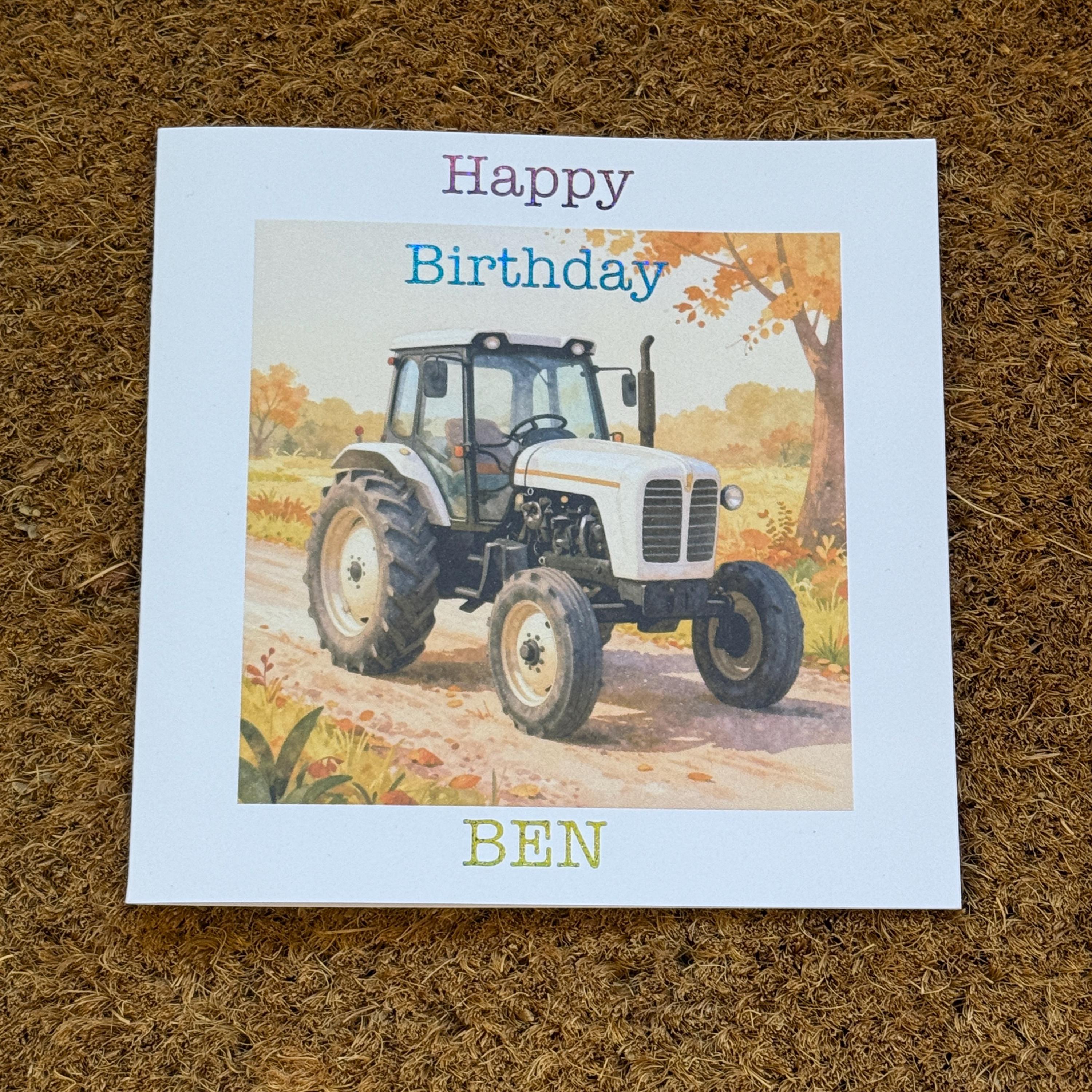 Classic White Tractor Birthday or Fathers Day Card | Watercolour Style Farm Machinery, Personalised Foiled Message