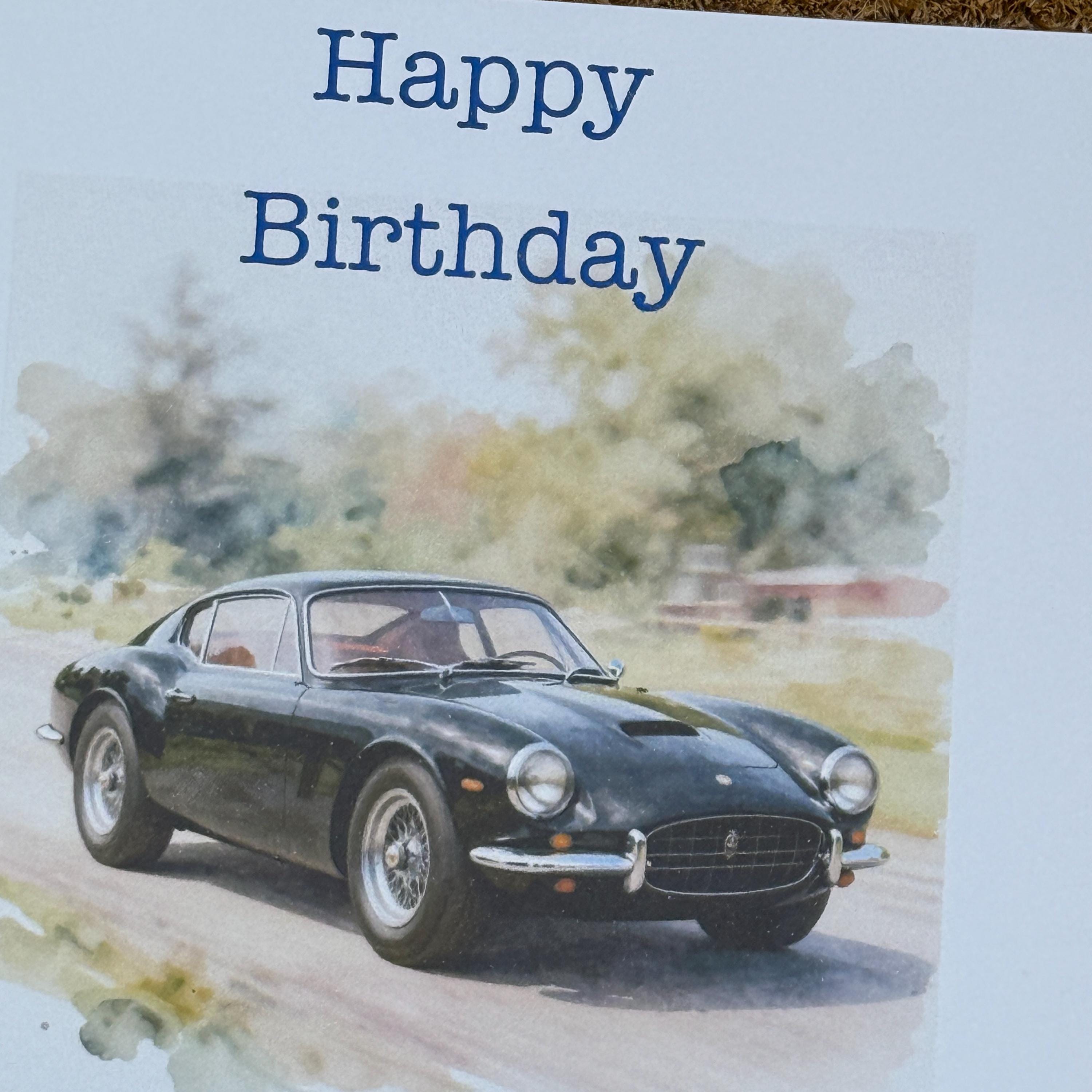 Black Sports Car Birthday Card | Watercolour Style Classic Vehicle with Personalised Foil Message (6x6)