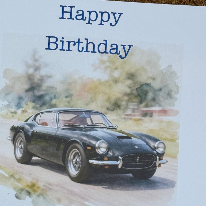 Black Sports Car Birthday Card | Watercolour Style Classic Vehicle with Personalised Foil Message (6x6)