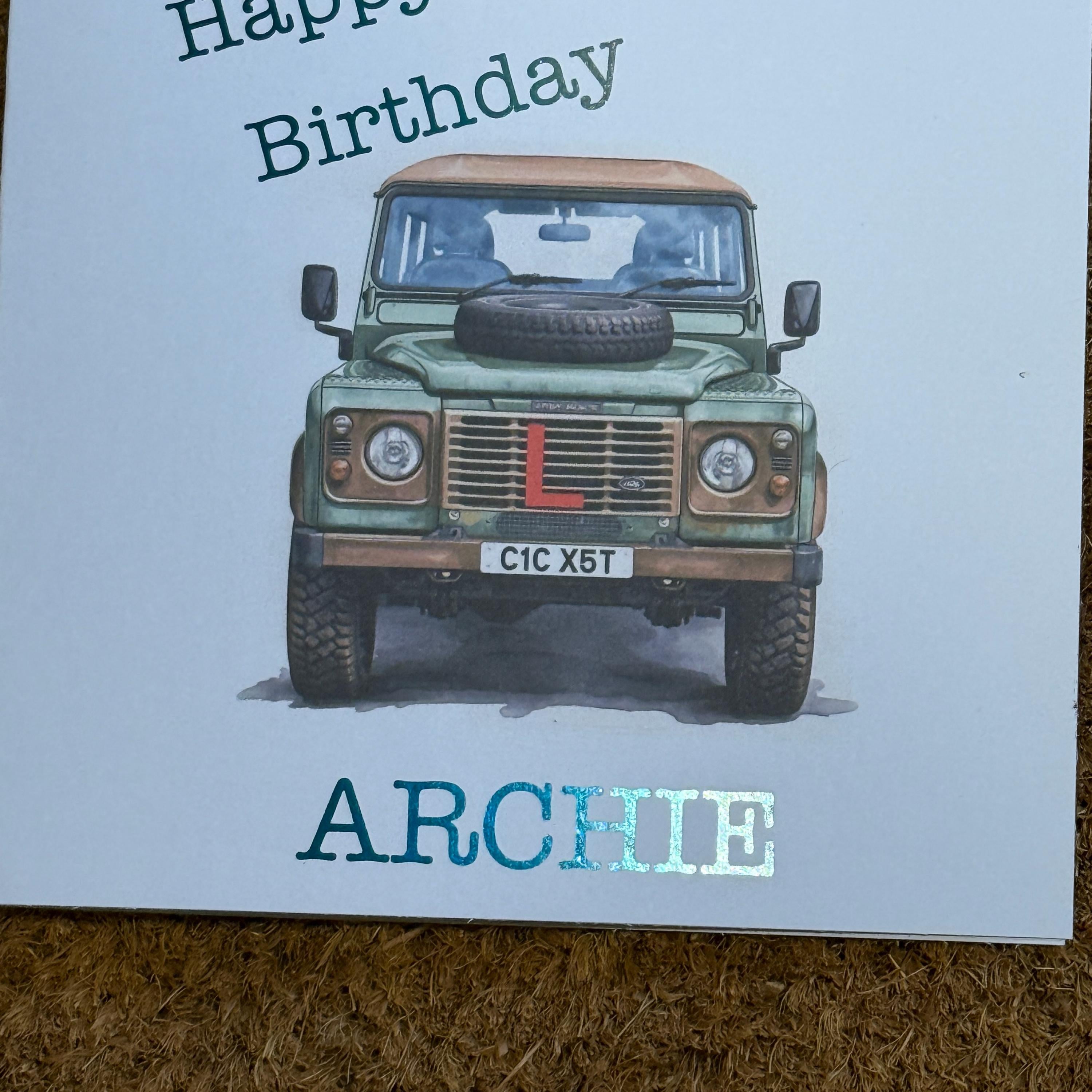 17th Birthday Card, Personalised Land Rover Defender, Watercolour Style, L Plates