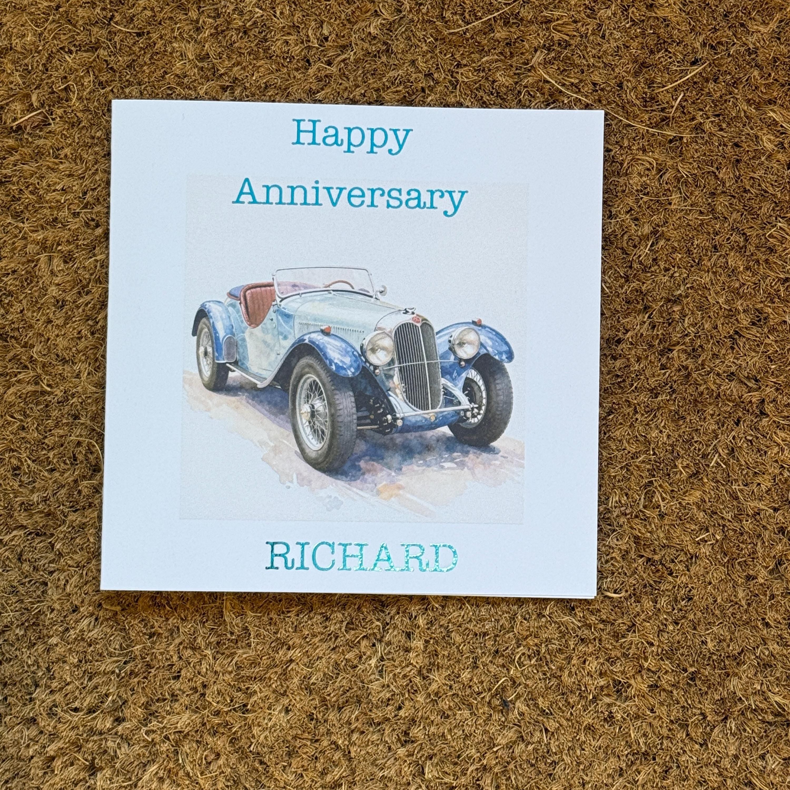Watercolour Style Classic Car Birthday Card | Personalised Foiled Message, 6x6 inches