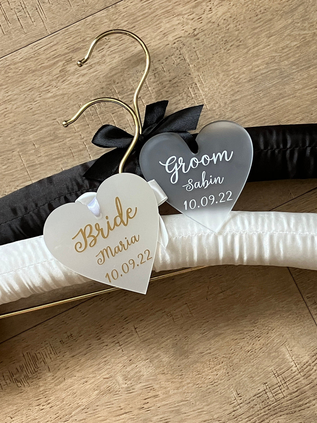Satin Bride and Groom Padded Hangers - Personalised hearts - Choice of Colours