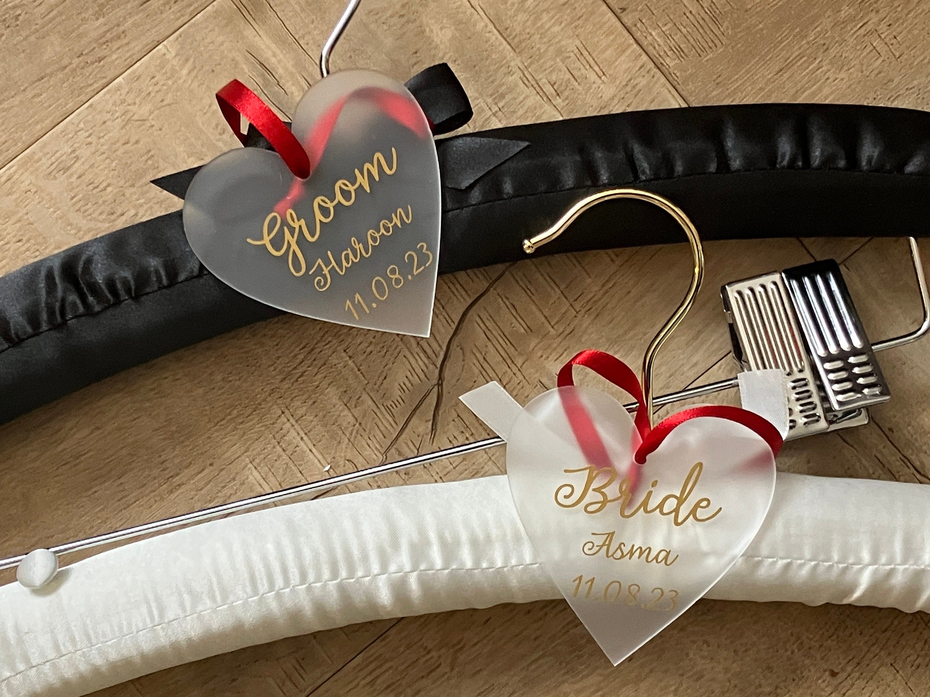 Satin Bride and Groom Padded Hangers - Personalised hearts - Choice of Colours