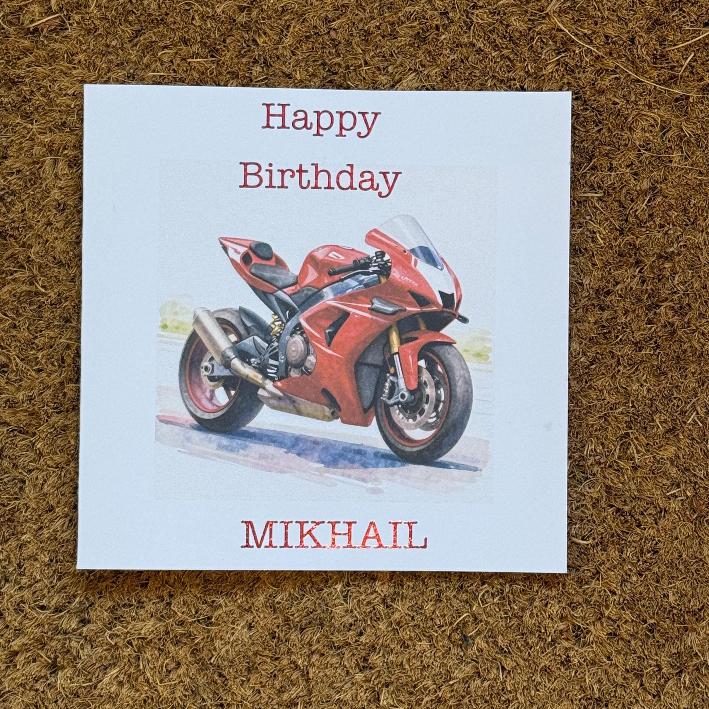 Red Sports Style Motorbike Birthday Card | Watercolour Bike | Personalised Foiled Message | 6x6 Biker Card