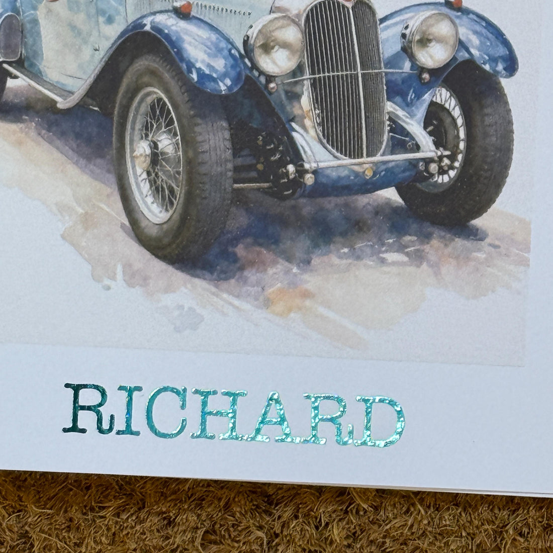 Watercolour Style Classic Car Birthday Card | Personalised Foiled Message, 6x6 inches