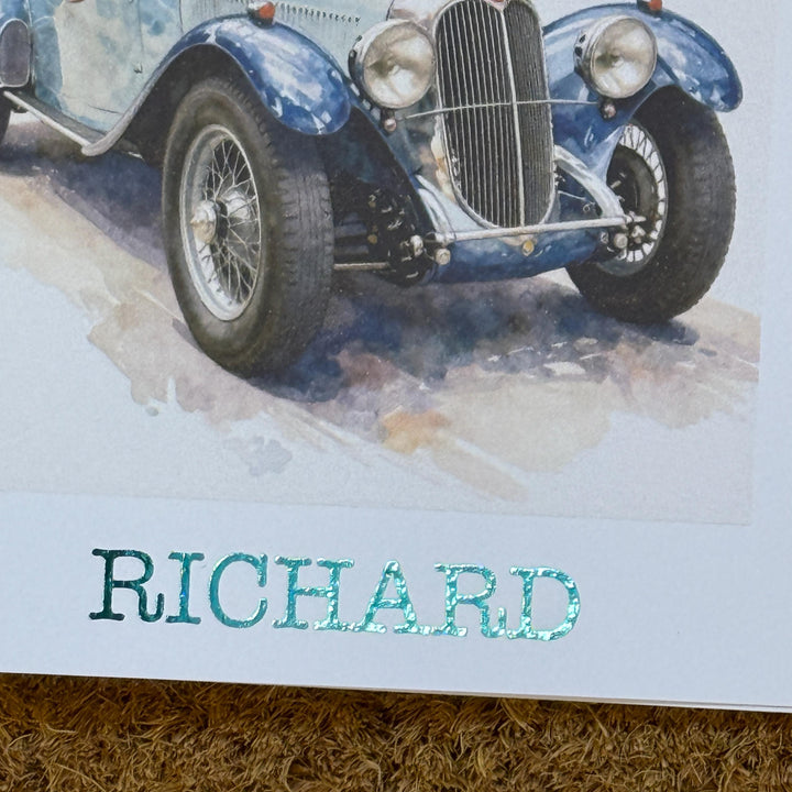 Watercolour Style Classic Car Birthday Card | Personalised Foiled Message, 6x6 inches