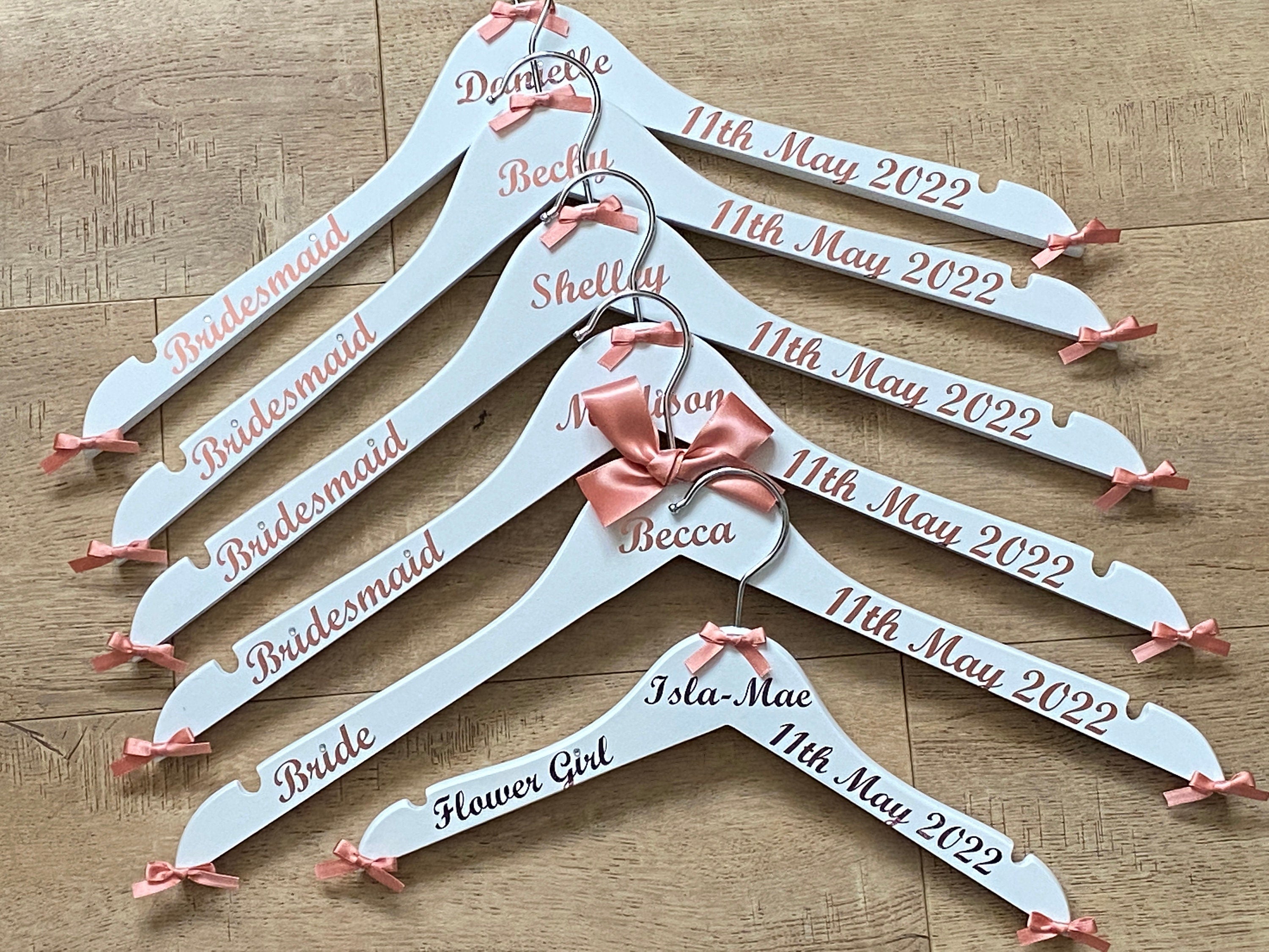 Personalised Wedding Hangers - Set of 8 - Customised with name, date and role - Bows and Writing to match your colours