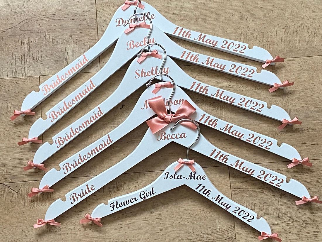 Personalised Wedding Hangers - Set of 8 - Customised with name, date and role - Bows and Writing to match your colours