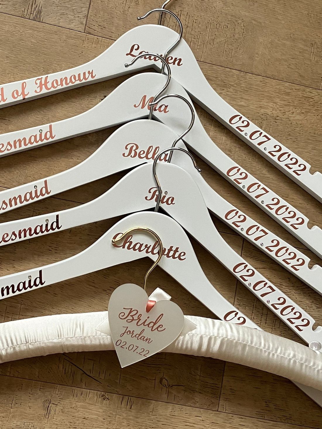 Satin Wedding Dress Hanger and Wooden Bridesmaids Hanger Set | Personalised