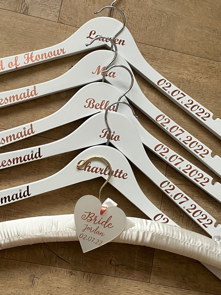 Satin Wedding Dress Hanger and Wooden Bridesmaids Hanger Set | Personalised