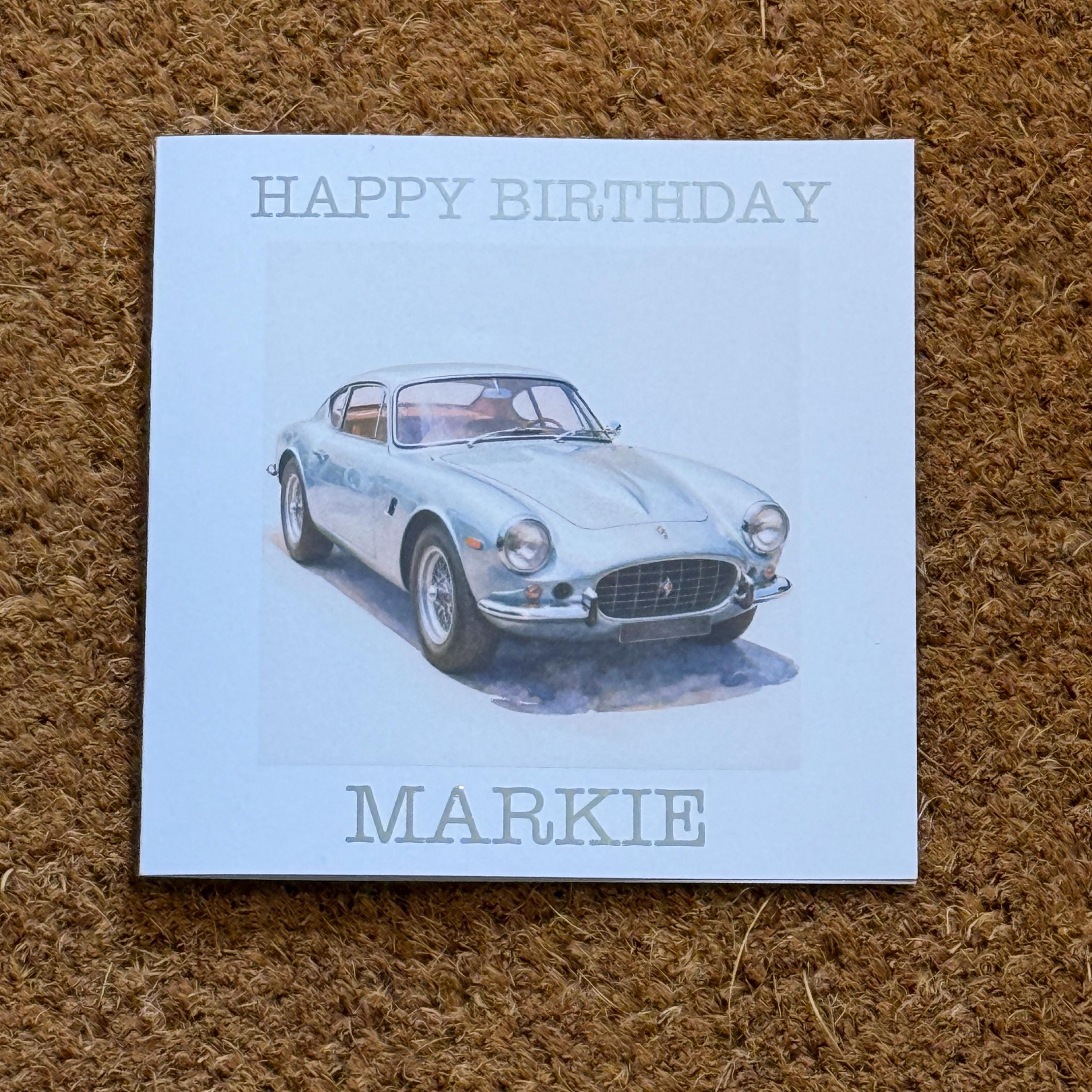 Silver Classic Sports Car Birthday Card | Watercolour Style | Personalised Foiled Message (6x6)