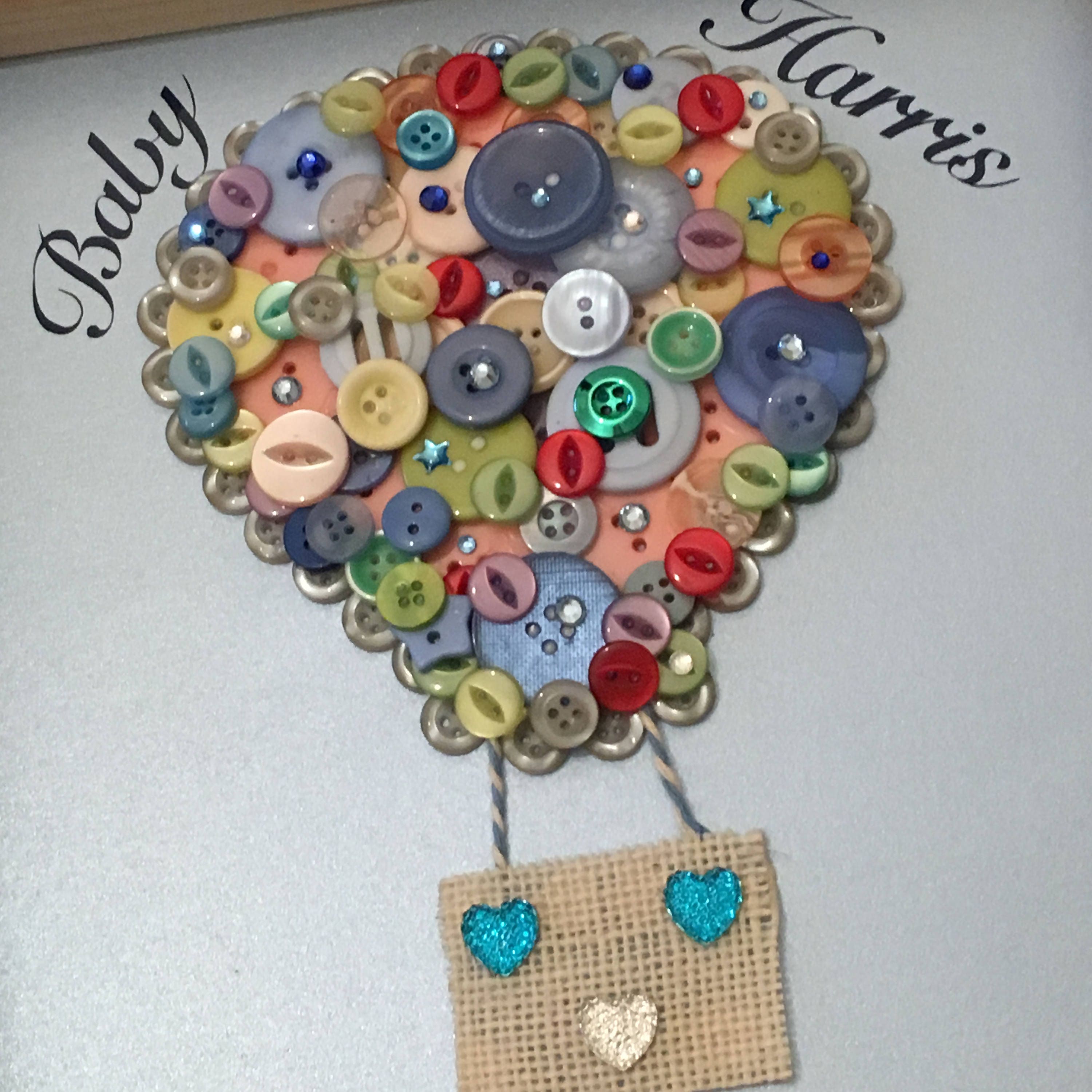 Hot Air Balloon Button Art in White Wood Frame, Nursery Decor