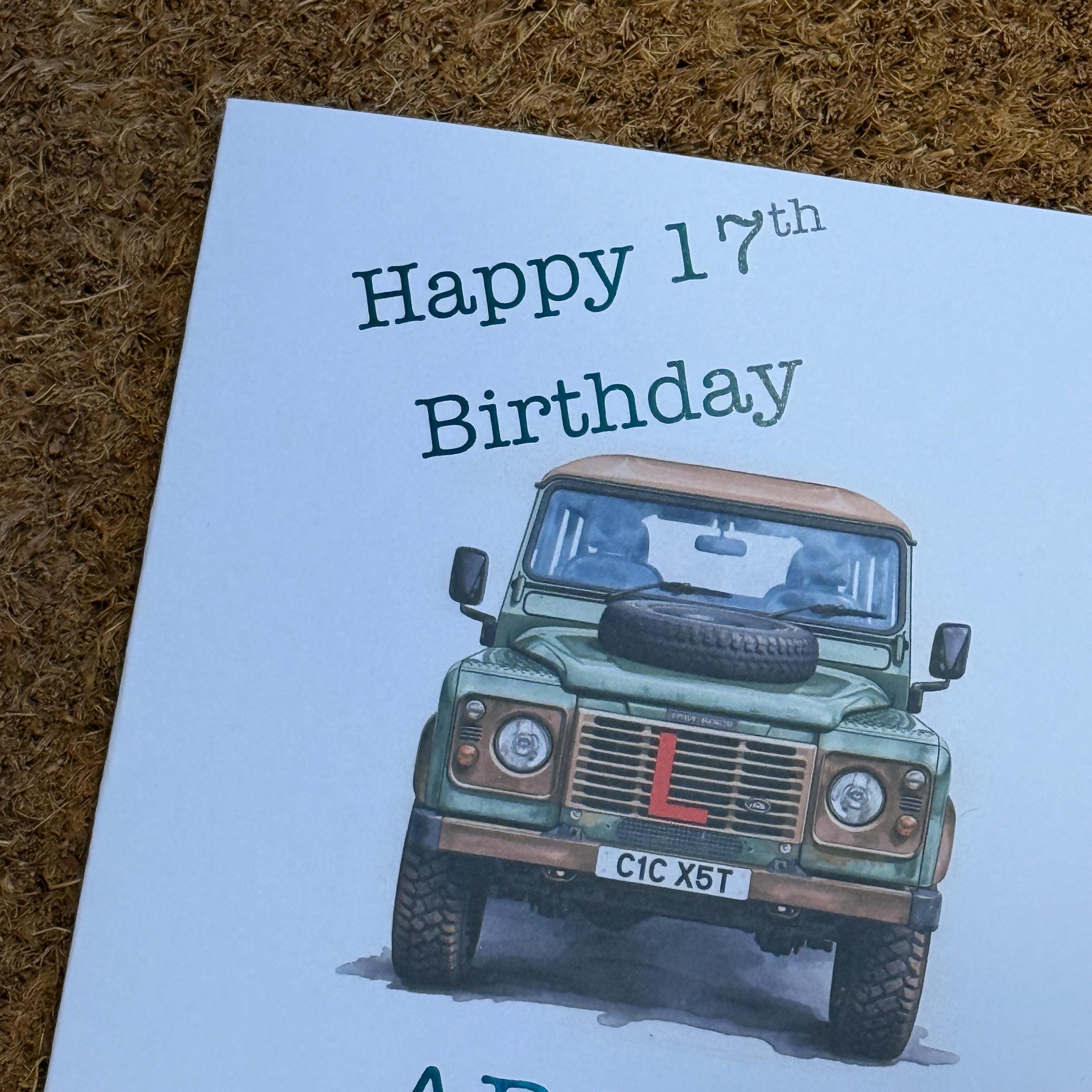 17th Birthday Card, Personalised Land Rover Defender, Watercolour Style, L Plates