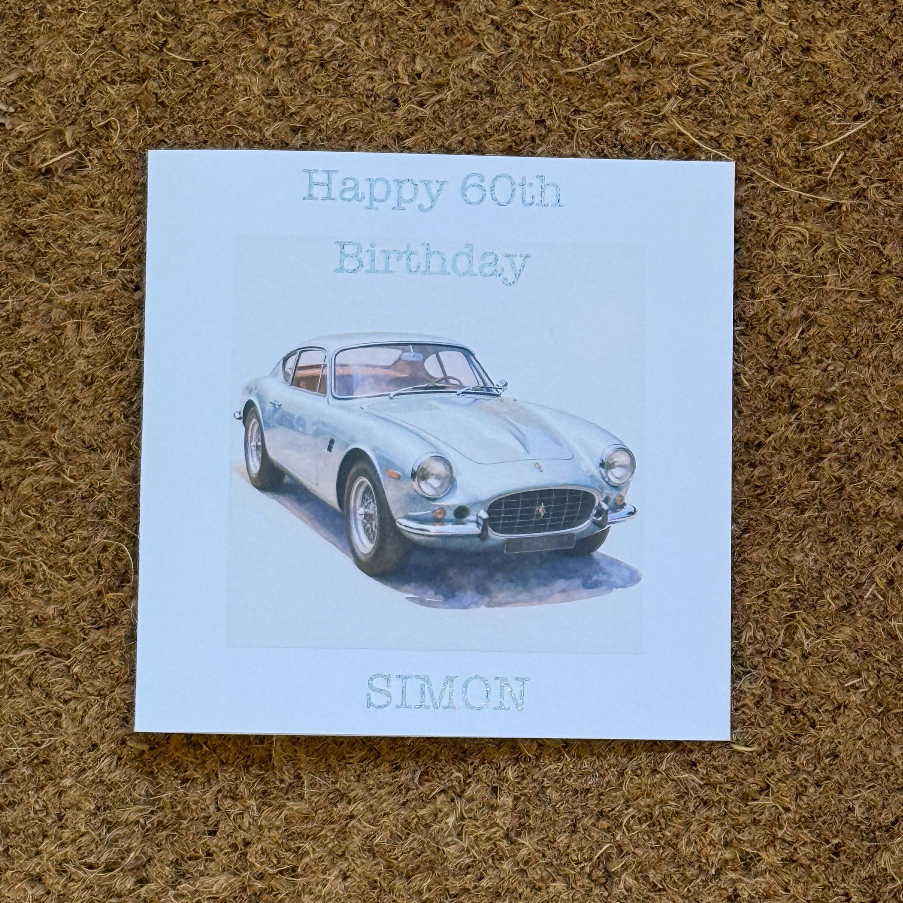 Silver Classic Sports Car Birthday Card | Watercolour Style | Personalised Foiled Message (6x6)