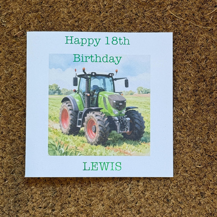 Green Modern Style Tractor Birthday Card | Watercolour Style with Personalised Foiled Message (6x6 Inch)