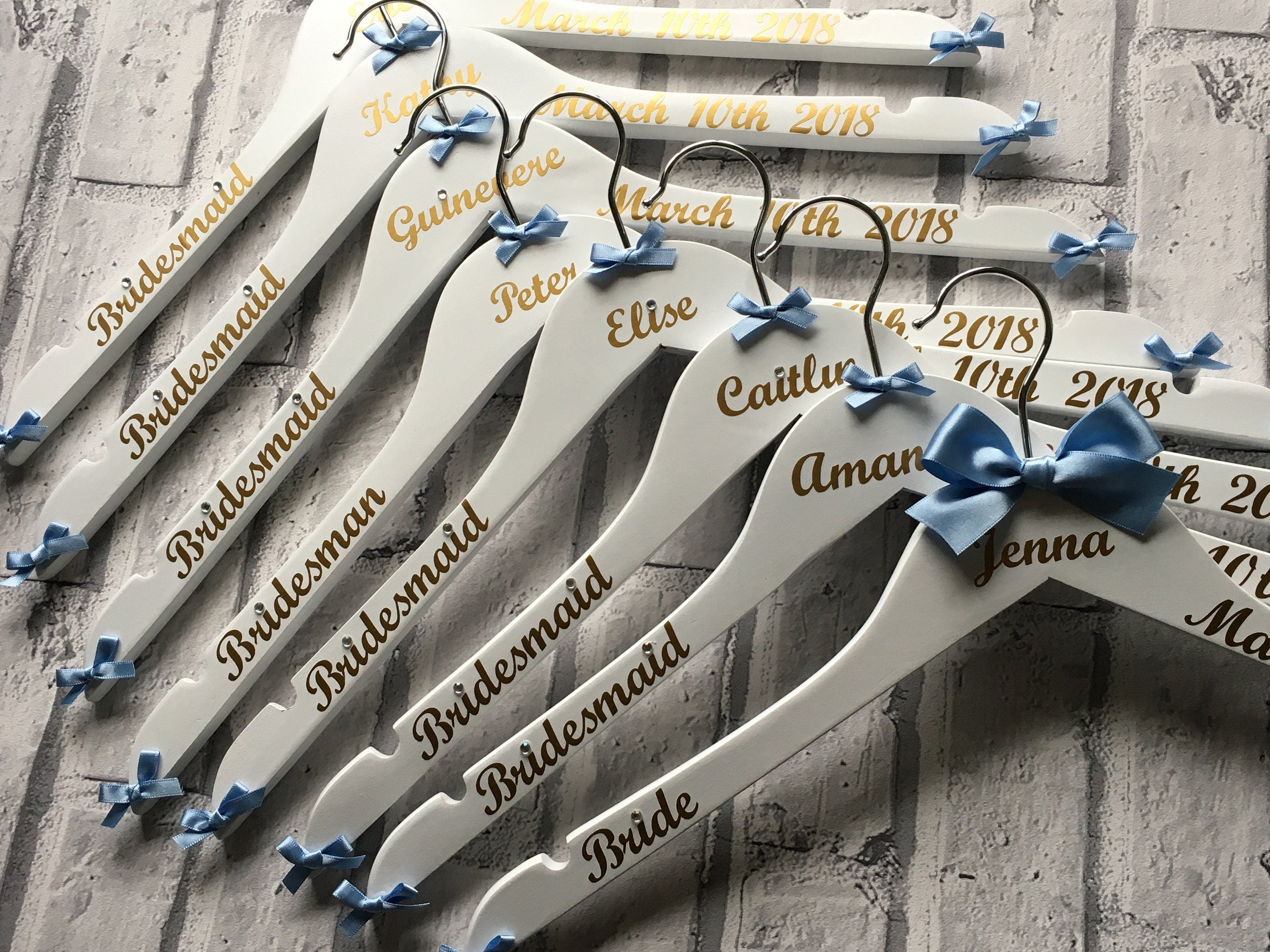 Personalised Wedding Hangers - Set of 8 - Customised with name, date and role - Bows and Writing to match your colours