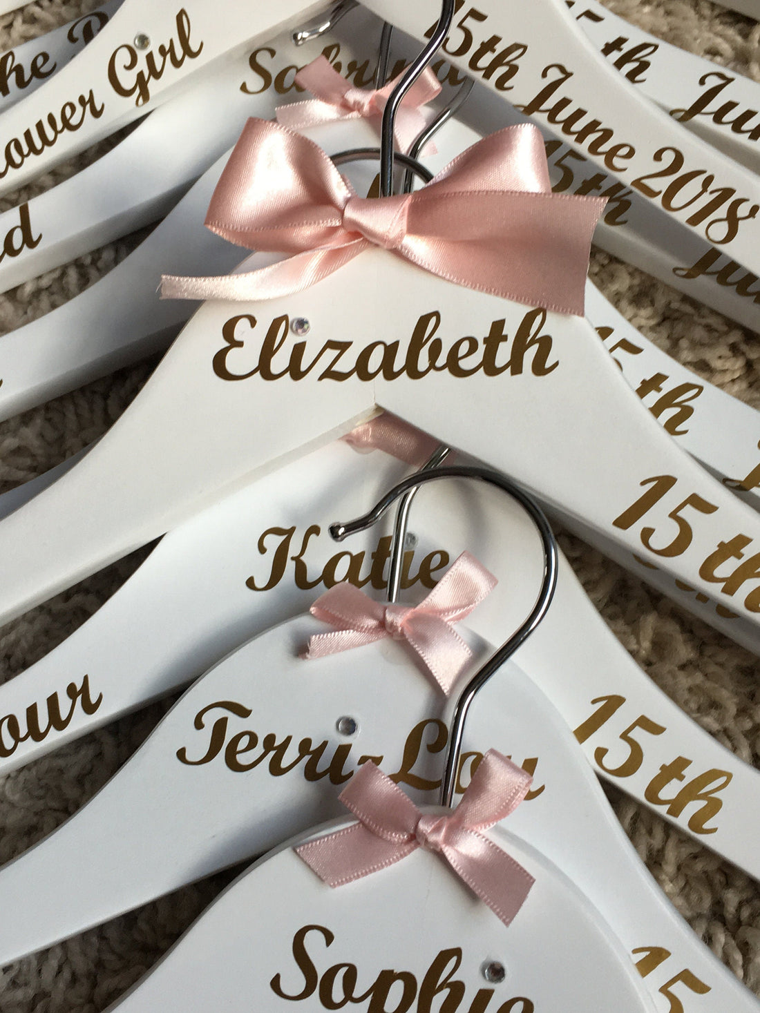 Personalised Wedding Hangers - Set of 8 - Customised with name, date and role - Bows and Writing to match your colours