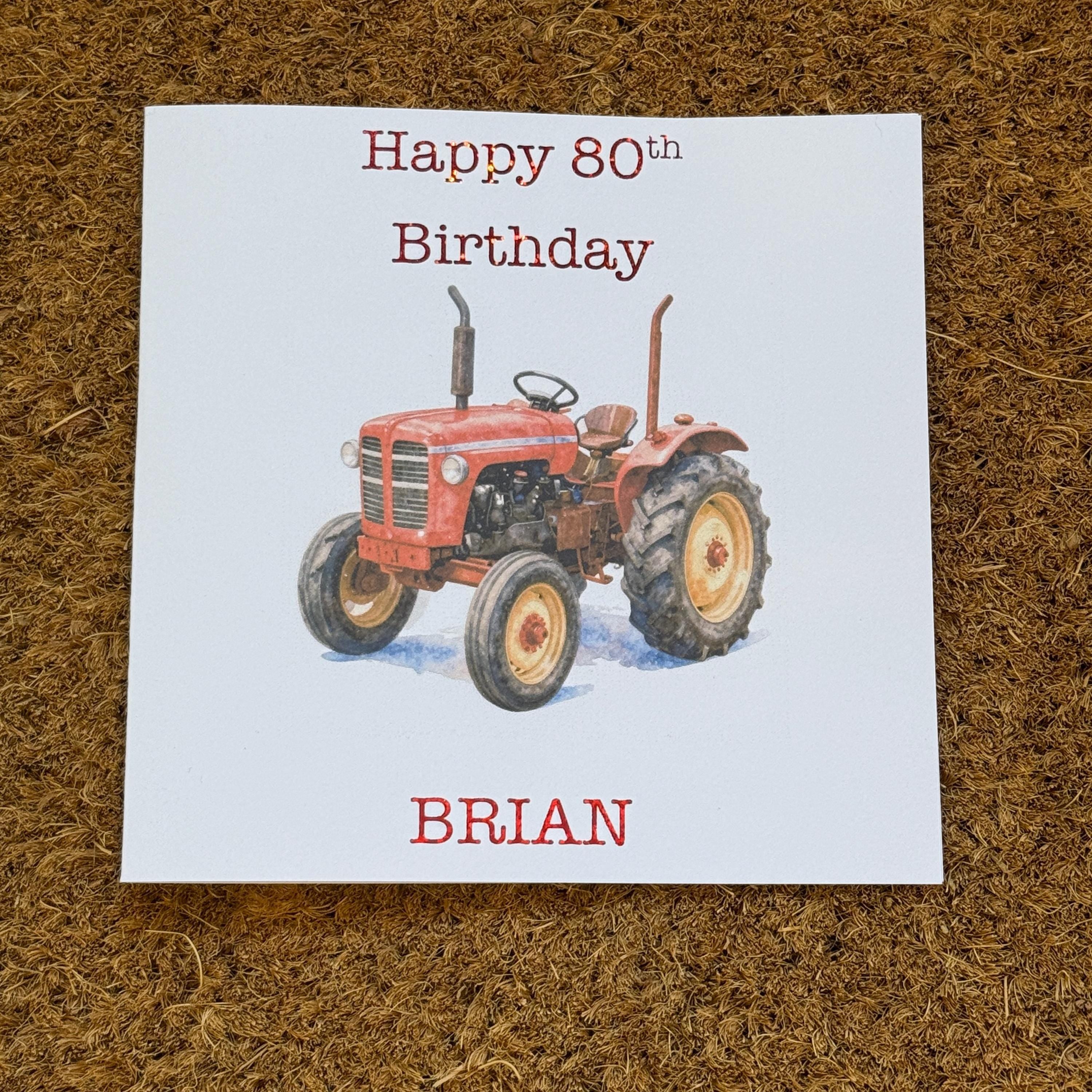 Vintage Red Tractor Birthday or Fathers Day Card | Watercolour Farm Machinery, Personalised Foiled Message