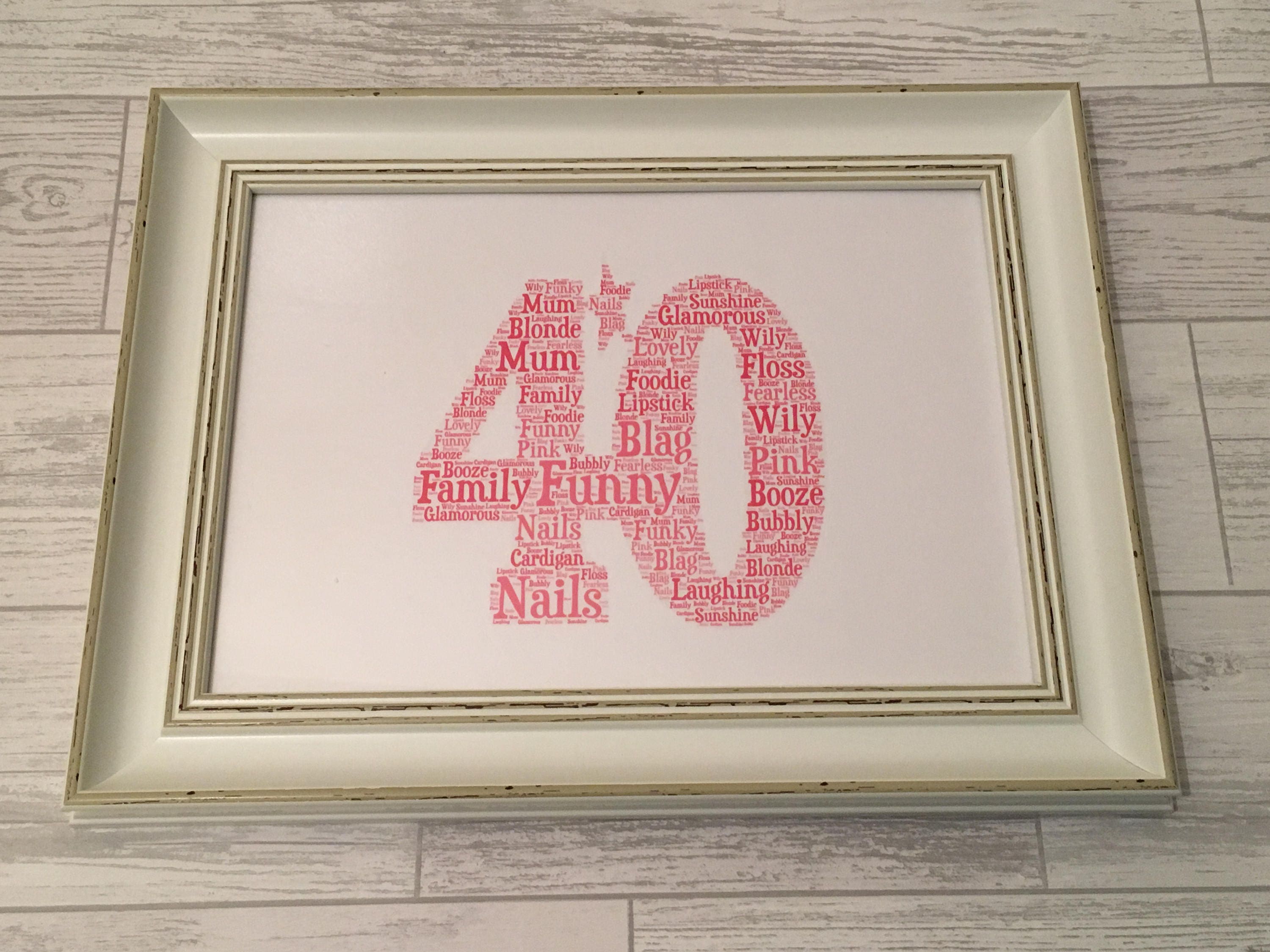 Birthday Age Number Word Art Print | Framed A4 | Personalised with your words.